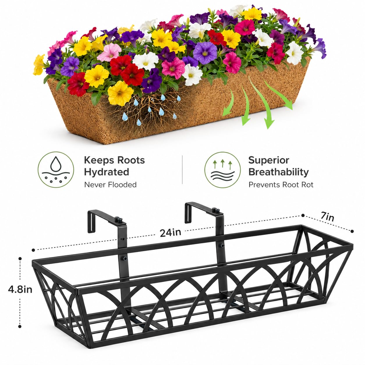 Railing Planter Boxes 24 Inch 2 Pack, Heavy Duty Adjustable Hanging Planters with Coco Liners, 2-in-1 Balcony Planters for Deck Porch Patio Garden