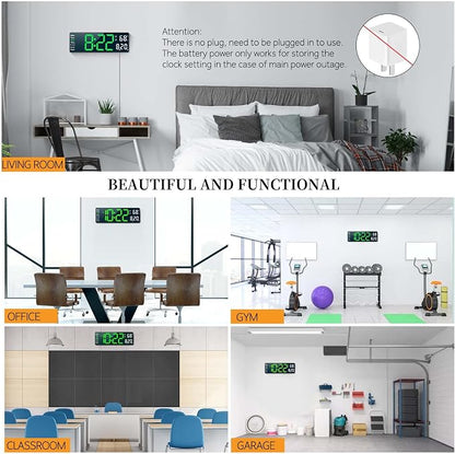 Digital Clock, Digital Wall Clock for Living Room Decor, Desk Alarm Clock for Bedroom, Large Wall Clock with Remote Control, Automatic Brightness Dimmer LED Clock with Date Temperature Week (Green-B)