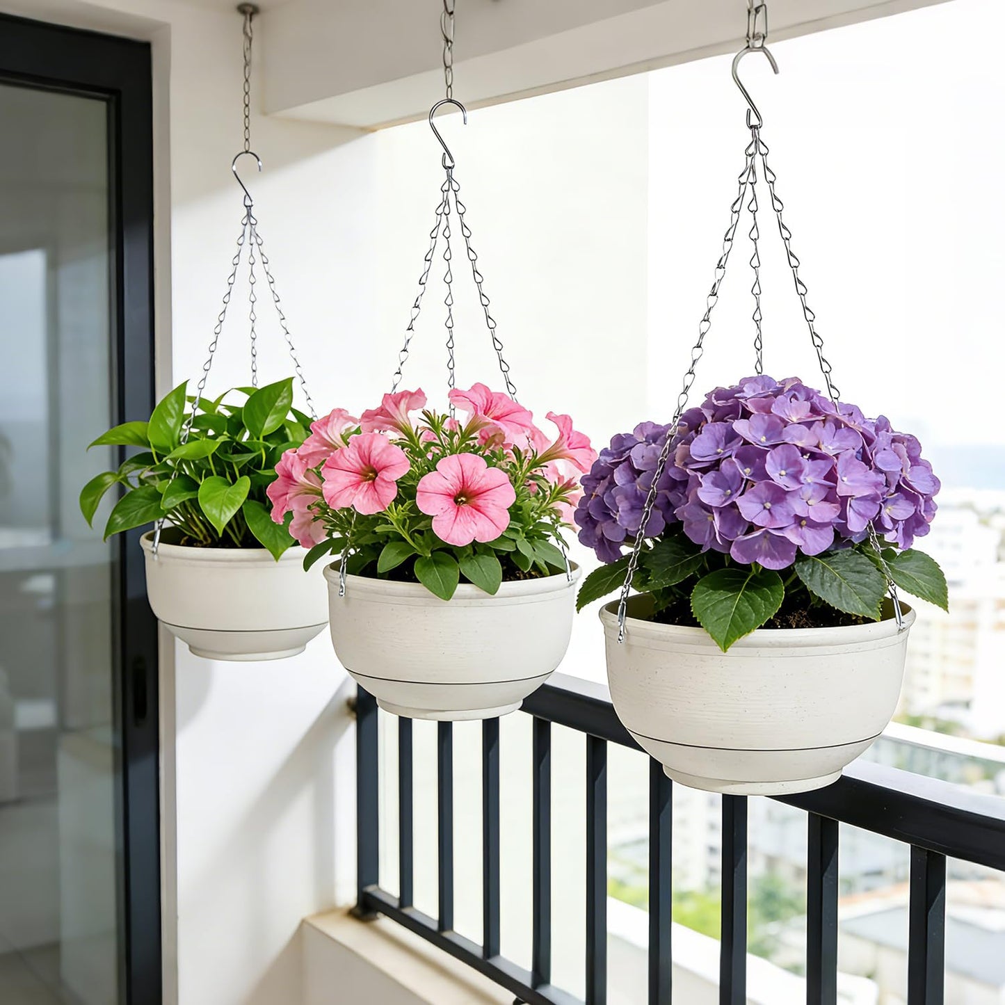 VIDELLY 9 Inch Hanging Planter 2-Pack, Beige Hanging Flower Pots with Chains – Indoor Outdoor Hanging Baskets with Drainage Holes for Balcony, Patio, Garden & Small Space Decor