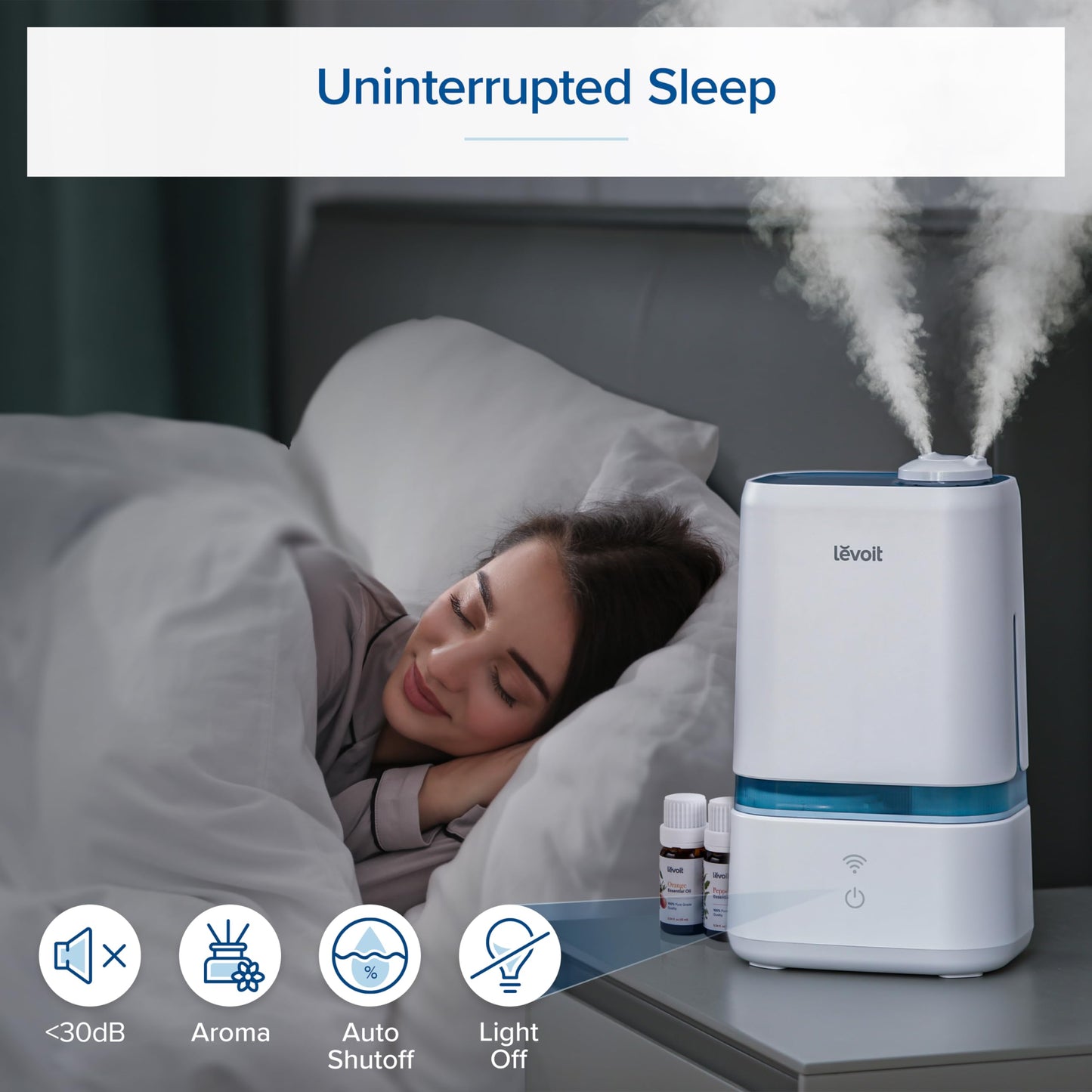 LEVOIT 4L Humidifiers for Bedroom Large Room & Essential Oil Diffuser, Quiet Cool Mist for Home, Baby and Plants, Last up to 40Hours, Dual 360° Rotation Nozzles, Handle Design, Auto Shut Off, Blue