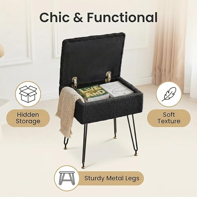 Vanity Stool Chair, Faux Teddy Fur Ottoman Foot Stool