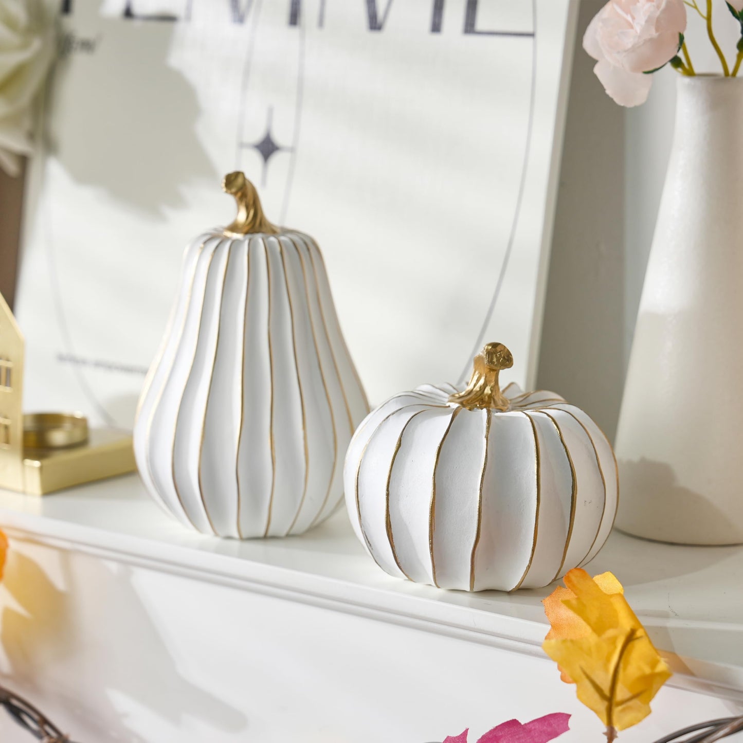 FESTGLOX Pumpkin Fall Decor, White and Gold Pumpkins for Decorating Thanksgiving Table Centerpieces, Artificial Resin Pumpkins Decor for Mantel, Harvest Autumn Tabletop Decoration