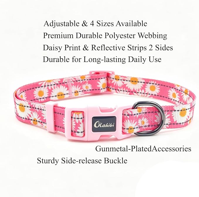 Dog Collar Leash Set, Floral Pattern, with Safety Reflective Strips, 5 ft Matching Leash, Neoprene Padded Handle, Adjustable 4 Sizes for Small Medium Large Dogs.(S, Pink Daisy)
