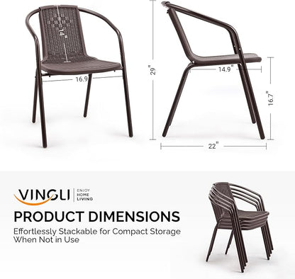 VINGLI PE Rattan Outdoor Dining Chairs Set of 4, Plastic Stackable Patio Chairs for Indoor, Porch, Restaurant, Garden, Brown