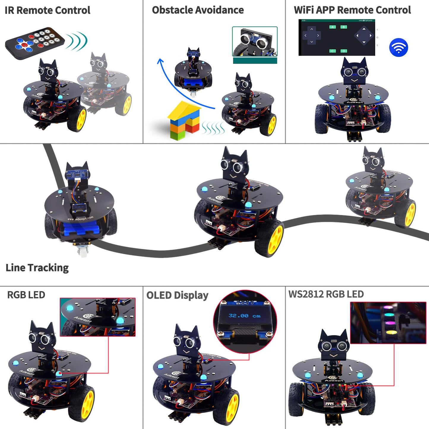 Adeept Smart Car Kit(Compatible with Arduino IDE), Line Tracking, Obstacle Avoidance, OLED Display, Ultrasonic Sensor, Wireless Remote Control, DIY STEM Educational Robot Car Kit (Blue)