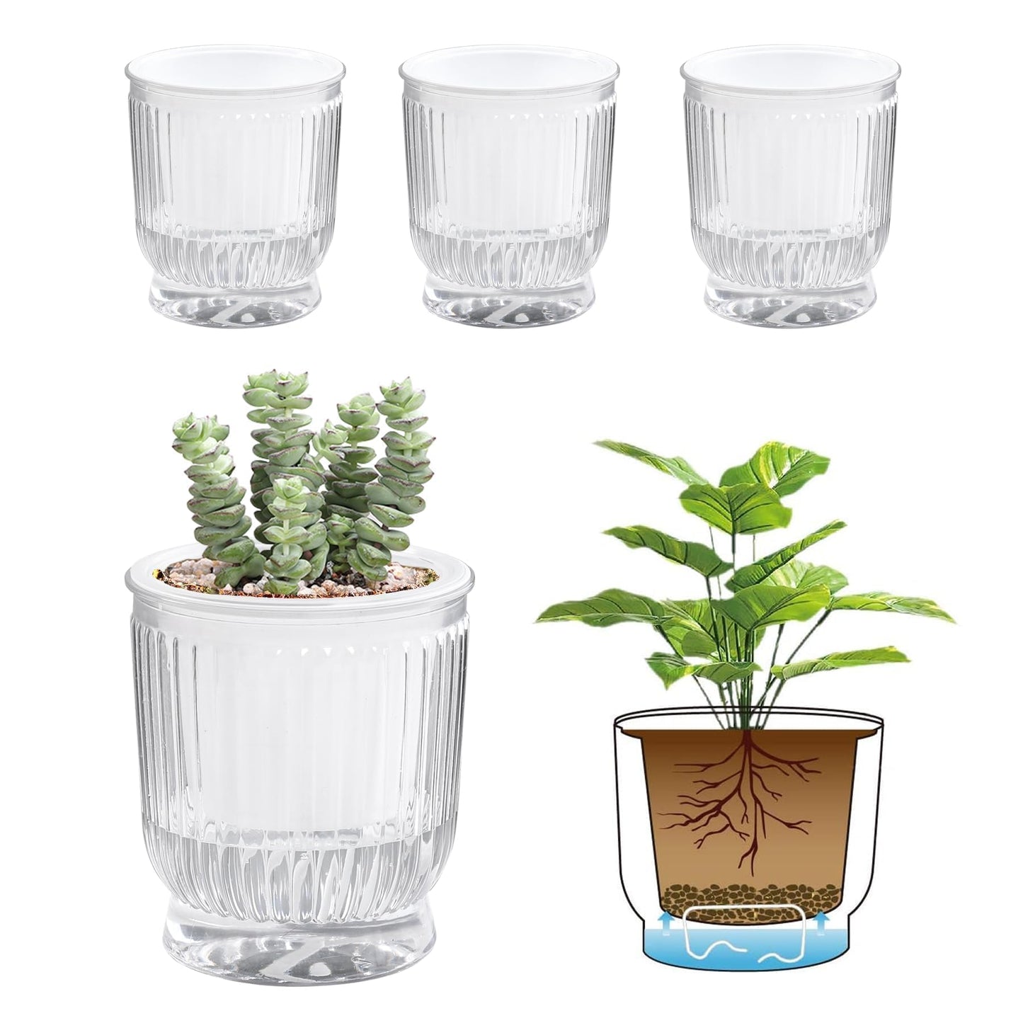 T4U 4 Inch Self Watering Plant Pot, 4 Pack Self Watering Pots, Self Watering Planter with Reservoir, Clear Self Watering Pots for Indoor Plants, African Violets, Flowers (4 Pack, 4", Clear)
