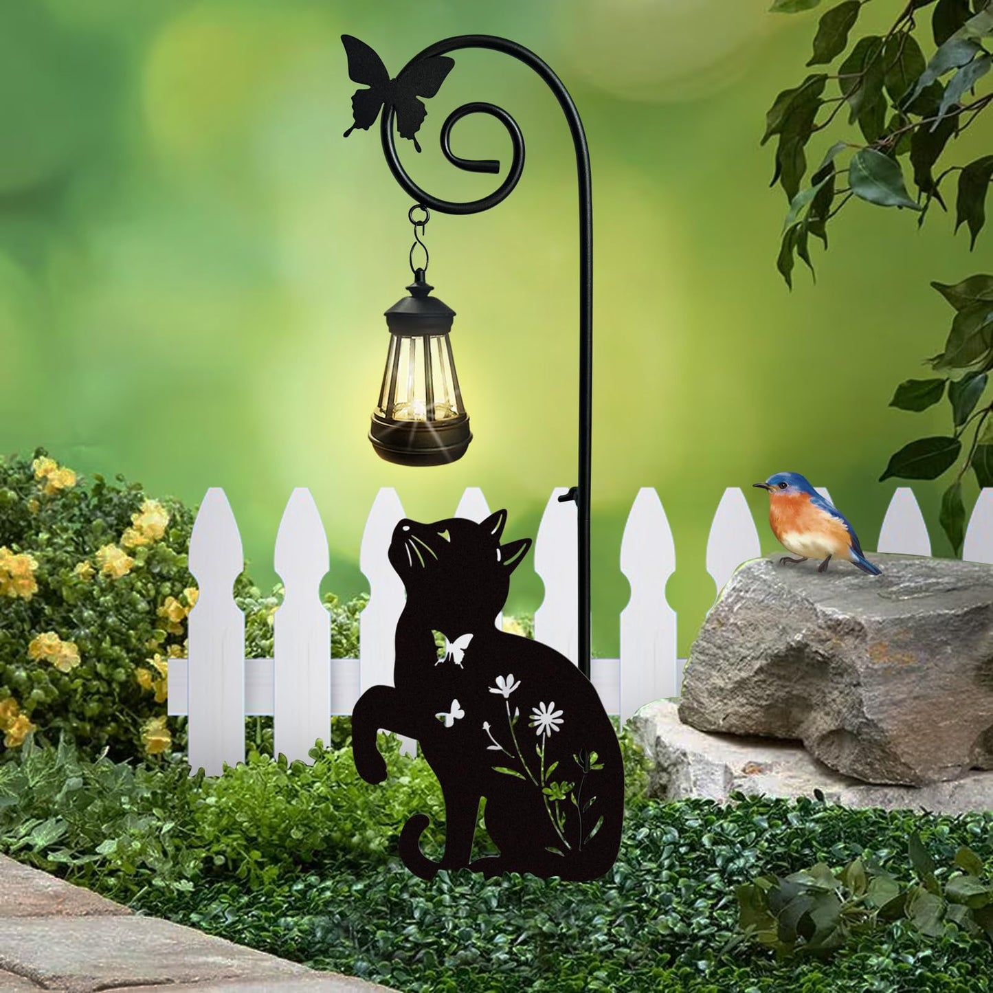 YY Gardenia Metal Cat Stake with Solar Lights Outdoor Decorative, Black Cats Lawn Ornaments, Womens Gifts Unique, Garden Silhouette Animal Decor