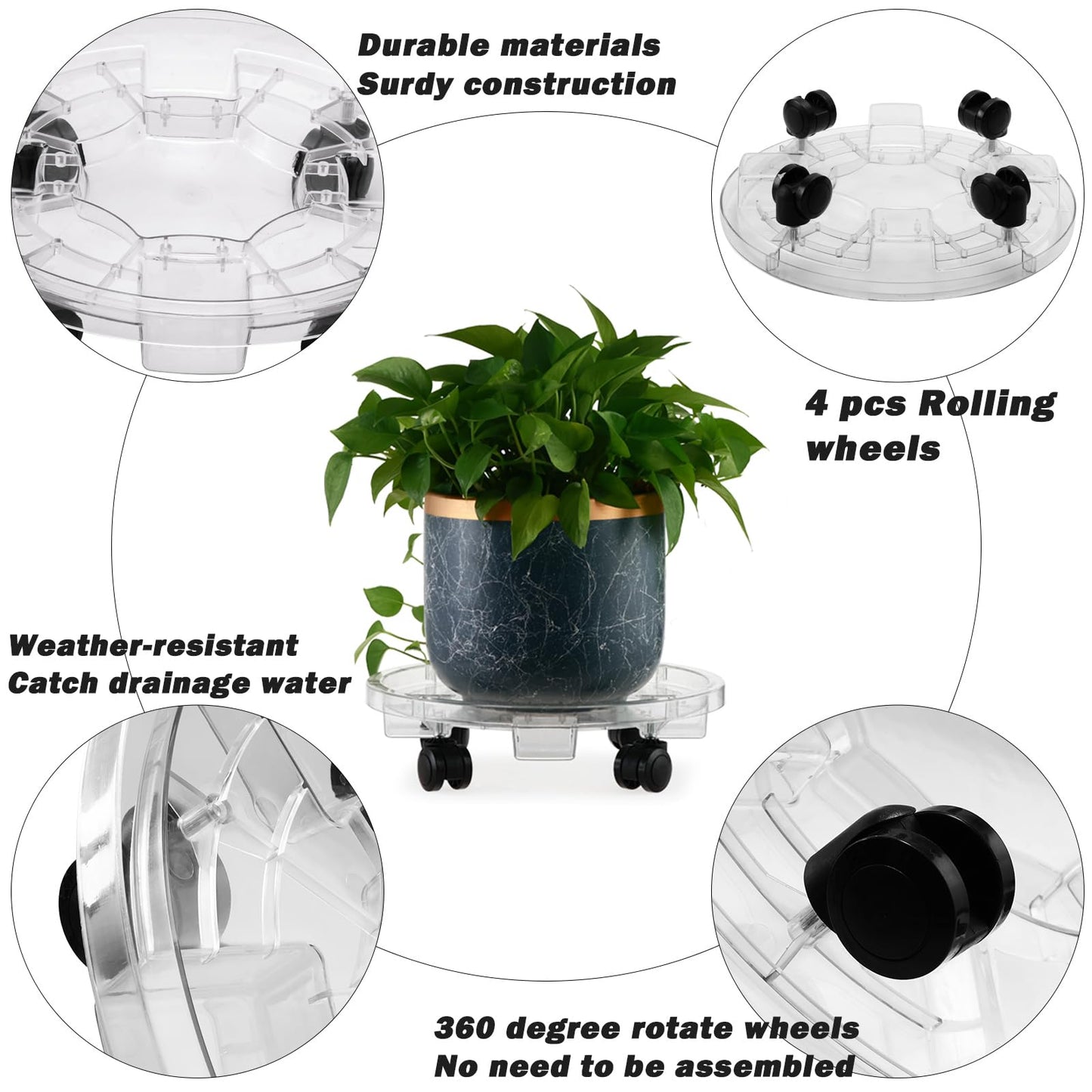 KvyusFlourish 4 Packs 13 Inches Large Clear Plant Caddy Plant Saucers on Wheels Rolling Plant Stands Heavy-duty Plant Dolly Plastic Planter Roller Base Pot Movers Outdoor Plant Tray Coaster