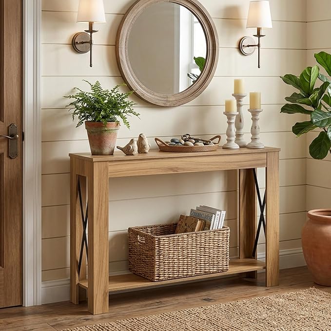 YATINEY Farmhouse Console Table, 39.4'' Small Narrow Entryway Table, Wood Couch