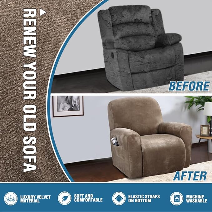 H.VERSAILTEX Velvet Stretch Recliner Couch Covers 4-Pieces Style Recliner Chair