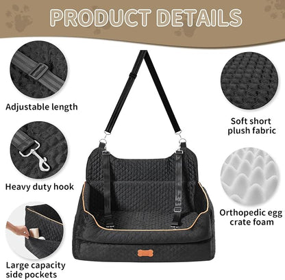 Dog Car Seat for Large/Medium Dogs - Memory Foam Dog Booster Seat for Under 55Lbs or 2 Small Dogs-Detachable and Washable Travel Bed with Thick Cushion and Storage Pockets-Black