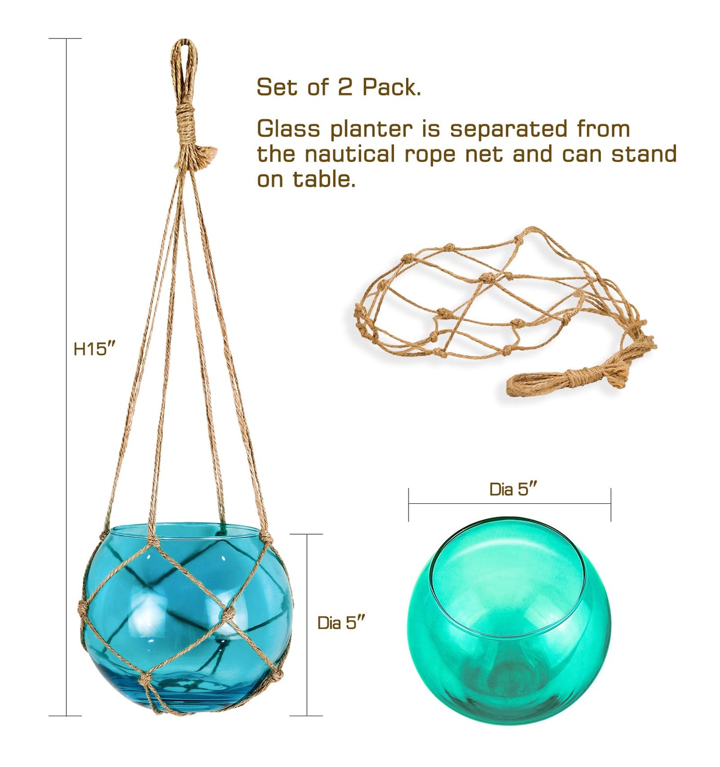 SAILINGSTORY Hanging Glass Plant Terrarium 5" Glass Planter Propagation Stations Flower Vase Blue and Teal Set of 2 Pack