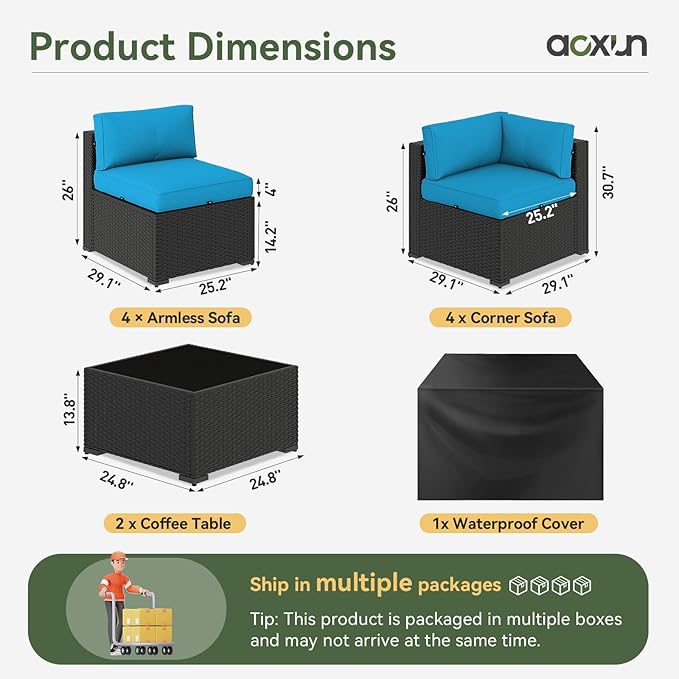 Aoxun 10 Piece Patio Furniture Set Wicker Rattan Patio Sectional Sofa Set