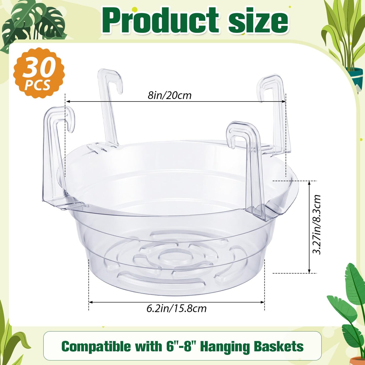 Tandefio 30 Pcs Eight-inch Hanging Plant Water Catcher Tray Bulk, Plastic Clear Plant Saucer Drip Pans Hanging Basket Water Catcher for Indoor Outdoor Basket Flower Pot