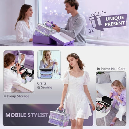 Joligrace Makeup Train Case Makeup Case Organizer Portable Cosmetic Box Storage with 2 Trays Mirror Locking with Keys Make Up Travel Case Nail Kits Traveling Makeup Box Shiny Purple