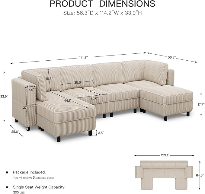 Belffin U Shaped Sectional Sofa Couch Convertible 6 Seater Corduroy Couch
