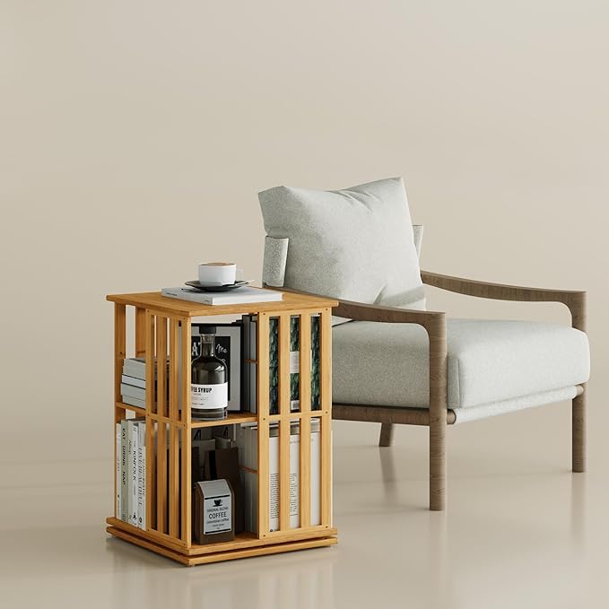YOWOS Rotating Bookshelf Tower, 360° Display Spinning Bookcase, Bamboo