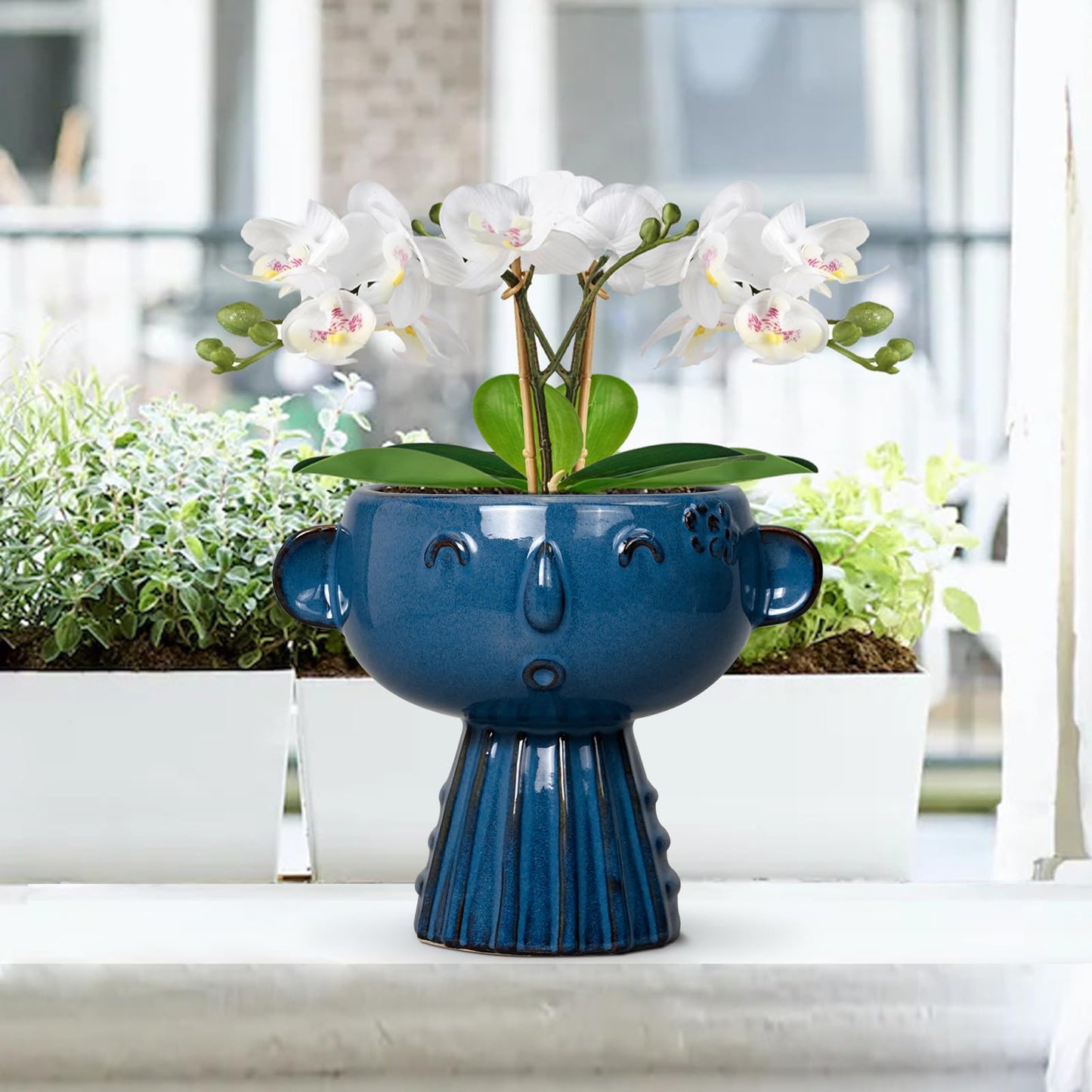 Fivepot Head Planter Pot - 7 Inch Cute Face Planter for Indoor Outdoor Plants Ceramic Succulent Pot Round Flower Pot Present for Mother Christmas with Drainage Hole Blue