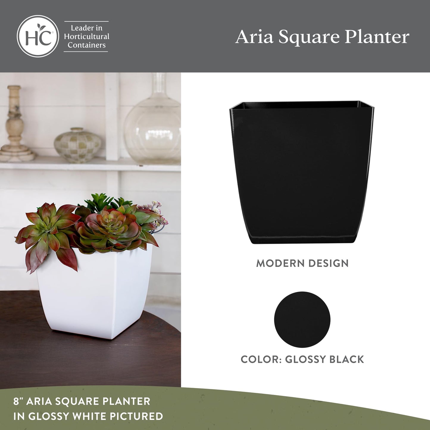 The HC Companies Aria Square Plant Pot w/Drainage - Planters for Outdoor Plants & Indoor Plants - Lightweight & UV-Resistant Plastic Pots for Plants (16" Glossy Black, Pack of 1)