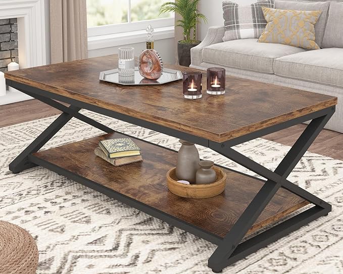 HSH Rustic Coffee Table with Storage Shelf, Industrial Metal Wood Living Room