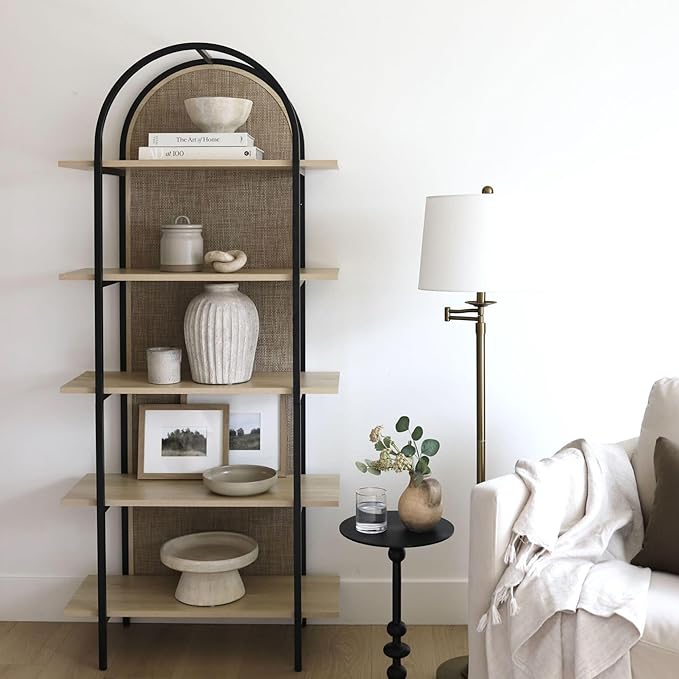 Nathan James Amara Bohemian 5-Shelf Etagere Bookcase, Rattan Open Bookshelf