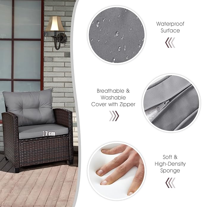 COSTWAY 3PCS Patio Furniture Set, PE Rattan Wicker Sofa w/Washable Cushion and