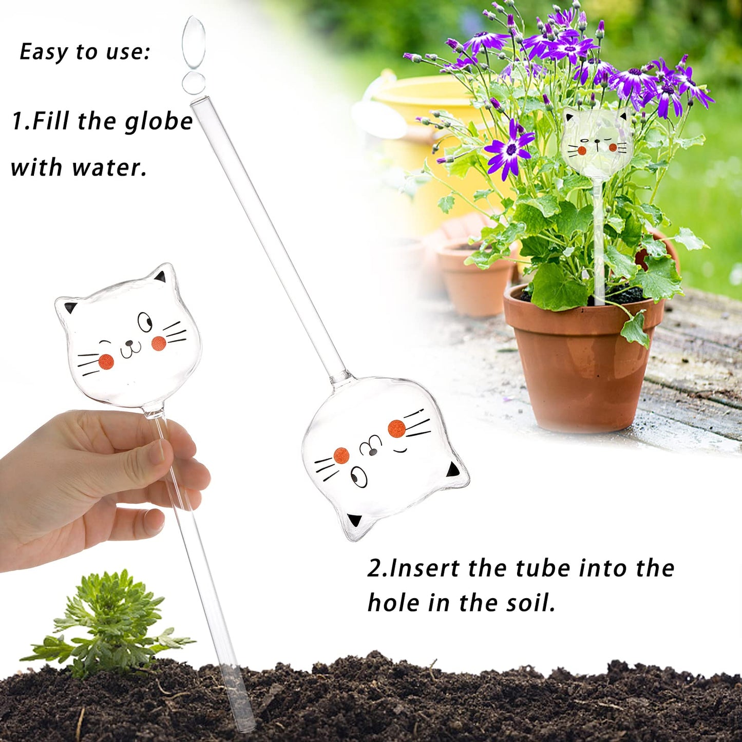 SOUJOY 6 Pieces Self Watering Bulb, Glass Plant Watering Globes, Hand Blown Cat Shape Automatic Watering Spike Device for Indoor and Outdoor Plants