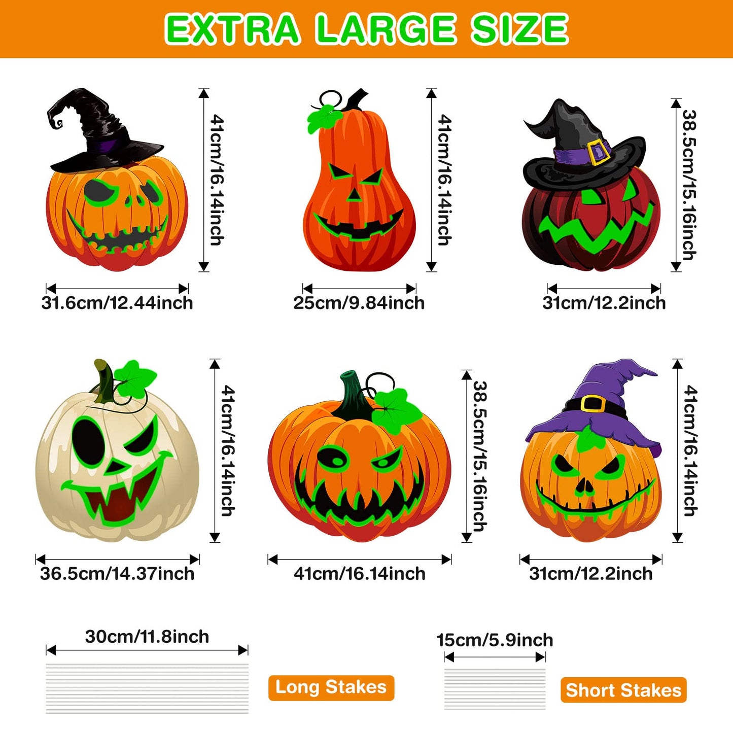 Soaoo 6 Pack 16 Inch Halloween Decoration Outdoor Fluorescence Halloween Pumpkin Yard Signs with Stakes Spooky Faces and Witch's Hat Lawn Signs Scary Front Yard Decor for Holiday Party Decor