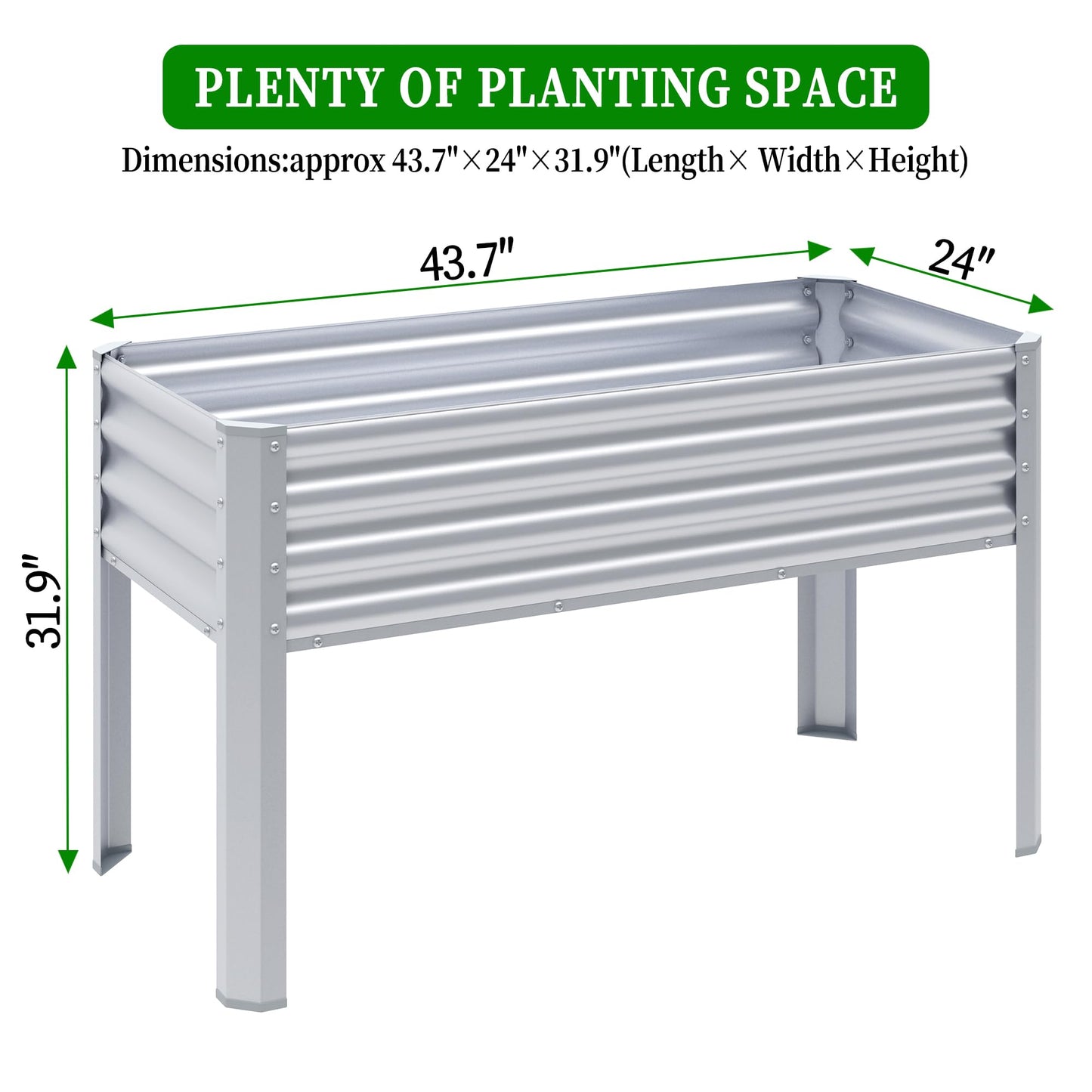 Chuangshuo Guard 2Pcs Galvanized Raised Garden Bed with Legs, 48×24×32in Large Metal Elevated Raised Planter Box with Drainage Holes for Backyard, Patio, Balcony, 400lb Capacity,Sliver