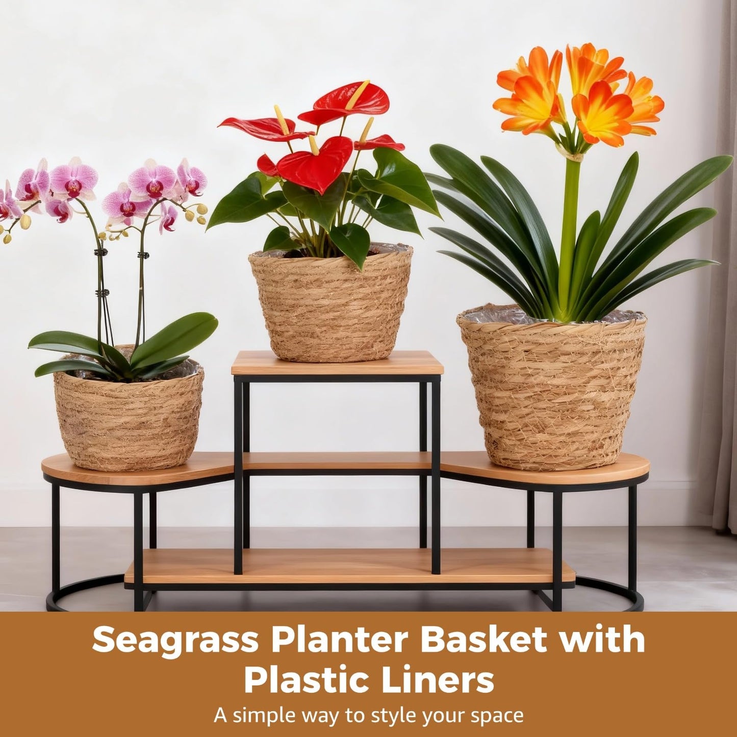 6 Pcs Plant Baskets Indoor with Plastic Liners, Wicker Hand Woven Plant Baskets, Flower Pots Storage Containers in 3 Sizes, Decorative Planters for Home, Balcony, Office