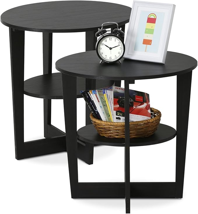 Furinno JAYA Side Table Set of 2, 2-Tier Round Modern End Table
