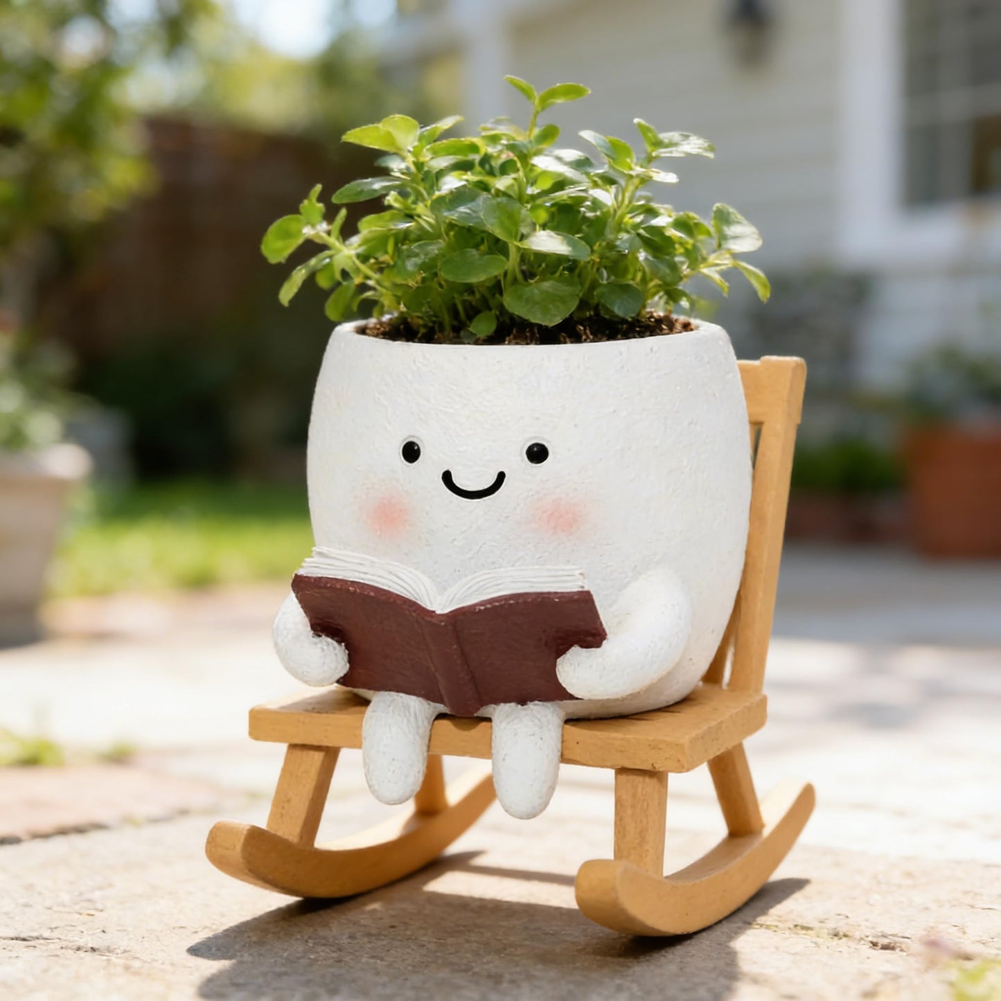 LAUGOKEBE Smily Face Reading Book Planter Pot, Cute Resin Flower Head Planters for Indoor Outdoor, Unique Sit Rocking Chair Succulent Pots with Drainage Hole Gift IdeaI for Christmas