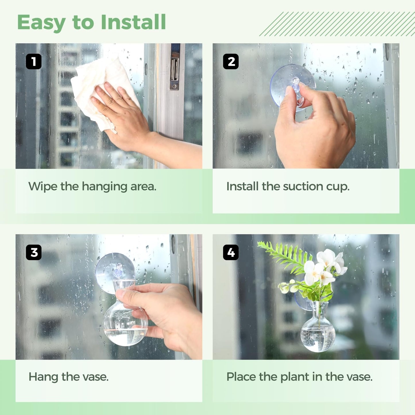 4 Pack Glass Window Propagation Stations, Hanging Plant Vases with Suction Cups, Wide-Mouth Terrarium Planters for Water Propagation & Rooting Cuttings, Includes 2 Cleaning Brushes, Home Decor Gift