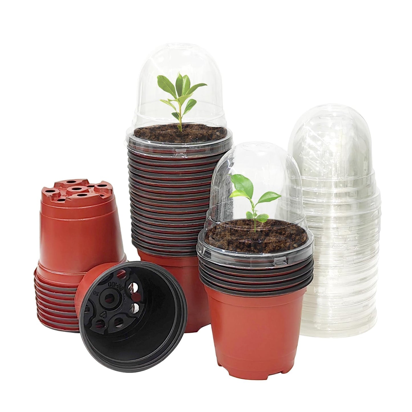 RooTrimmer Plant Nursery Pots with Humidity Domes, 50 Sets 4 Inch Soft Nursery Pots Quality Ones (50 Red Pots + 50 Clear Lids), Quality Seeds Starting with Cover