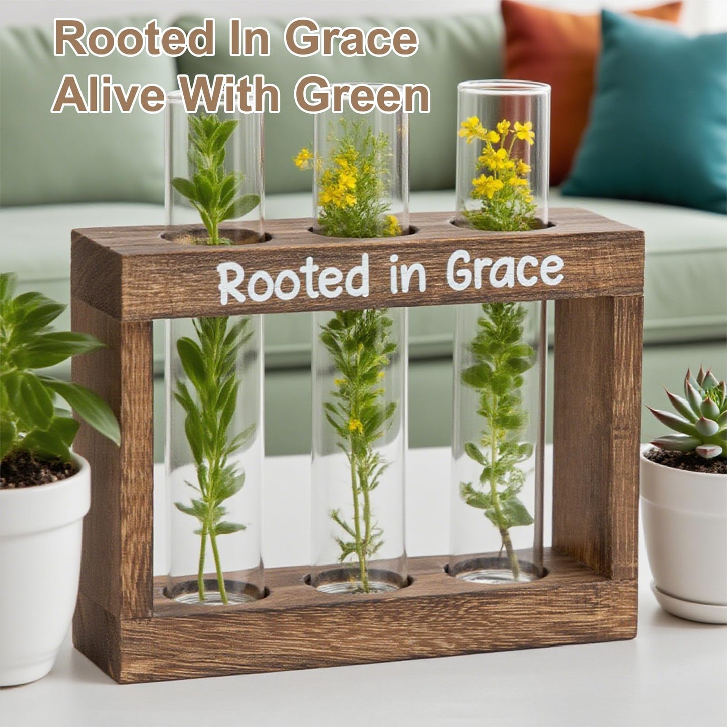 LBCIGOR Rooted in Grace Propagation Station – Wooden Plant Holder with 3 Glass Vases, Indoor Rooting Station for Cuttings, Christian-Inspired Gift for Women, Birthday, Housewarming, Plant Lover Décor