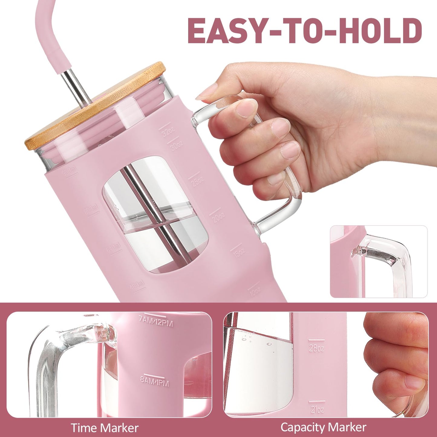 WINSA Glass Tumbler with Straw and Lid, 32 oz Glass Cup with Handle, Glass Water Bottles with Time Marker, 2 Straws - Pearl Straw & Drinking Straw Silicone Protective Sleeve-Pink