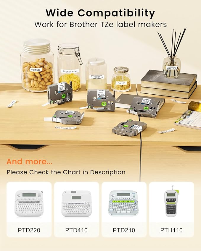TZe-221 9mm 0.35 Laminated White Tape Replace for Brother P-Touch Label Tape 9 mm TZe Tz Black on White TZe221 AZe-221 for PT-D210 D200 1190 1750 Label Maker Refills 3/8 Inch, 6-Pack