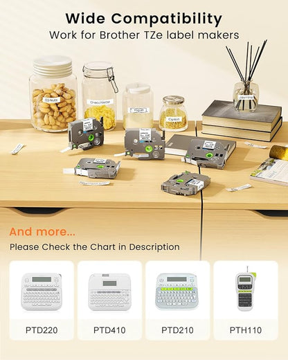TZe-221 9mm 0.35 Laminated White Tape Replace for Brother P-Touch Label Tape 9 mm TZe Tz Black on White TZe221 AZe-221 for PT-D210 D200 1190 1750 Label Maker Refills 3/8 Inch, 6-Pack