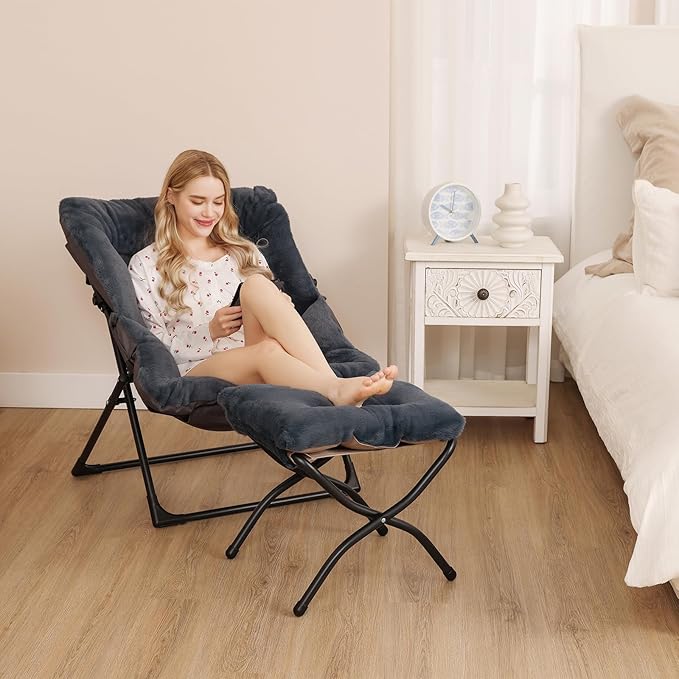 Comfy Saucer Chair for Adults, Soft Faux Fur Bedroom Chair, Accent Dorm Chairs