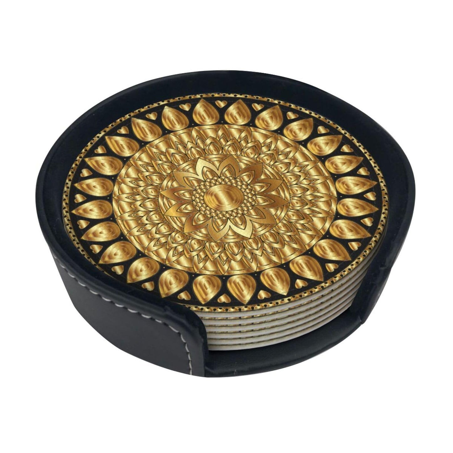 BOXIMIAO Drink Coasters with Holder Stand Set of 6, Pu Leather Absorbent Coasters with Cork Base Table Coaster Round Coasters for Housewarming Apartment Kitchen Bar Decor Mandala Art Floral Gold