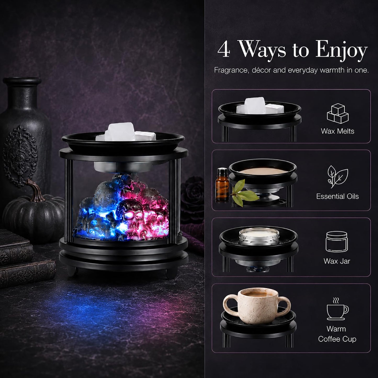 Dicimi Halloween Wax Warmer - Skull Wax Melter for Scented Wax Cubes & Essential Oils, 4-in-1 Electric Warmer with Hot Plate, Spooky Ghost Decor Gift
