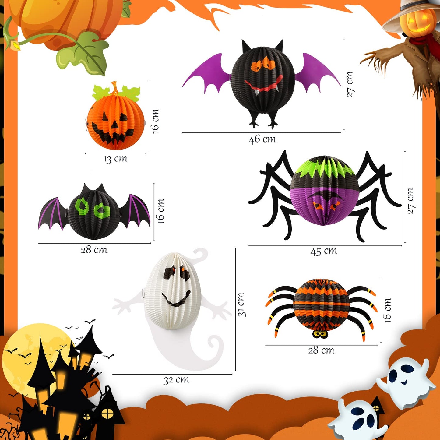 Jeyiour 6 Pack Halloween Paper Lanterns Hanging Decoration, 3D Honeycomb Spider Bat Pumpkin Paper Lantern Set, Foldable Jack O Lantern Party Decor for Indoor Outdoor Home Tree Halloween Display