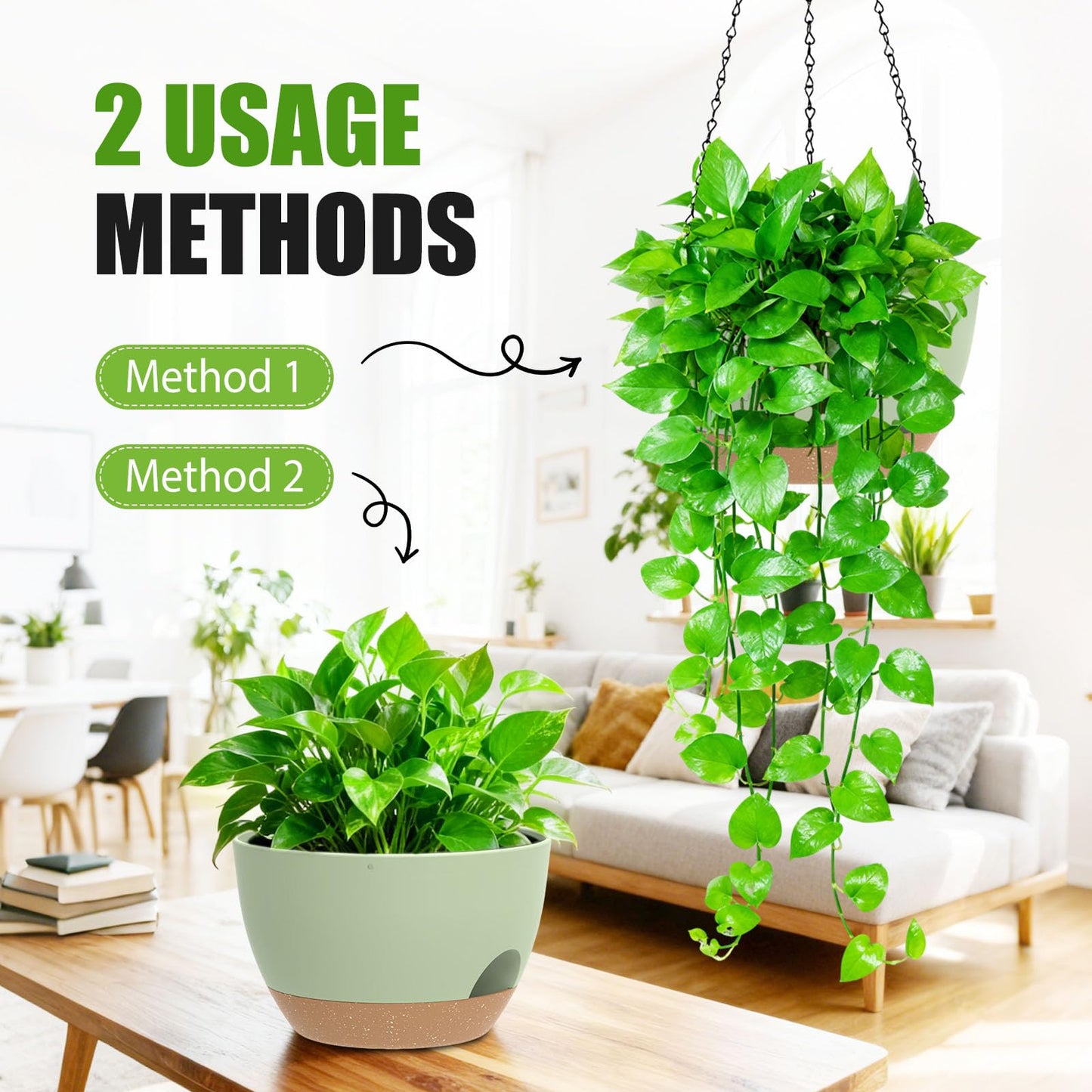 SQKH 8 Inch Hanging Planters for Indoor Outdoor Plants, 4 Pack Green Brown Plastic Self Watering Hanging Baskets with Drainage Holes and Chain for Garden Porch