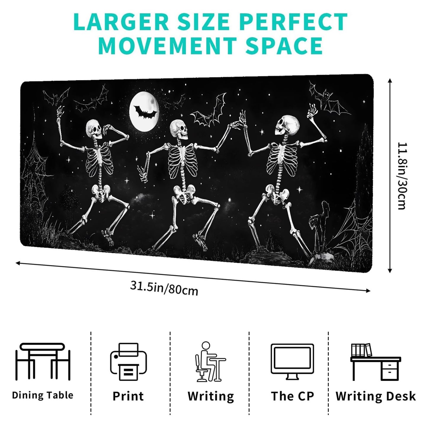ainori Dancing Skeletons Gaming Mouse Pad – 12x31.5innon-Slip Rubber Desk Mat with Halloween Moonlight Design – Large Extended Mousepad for Office, Home, and Gaming – Deskmat Gifts for Goth Art Decor