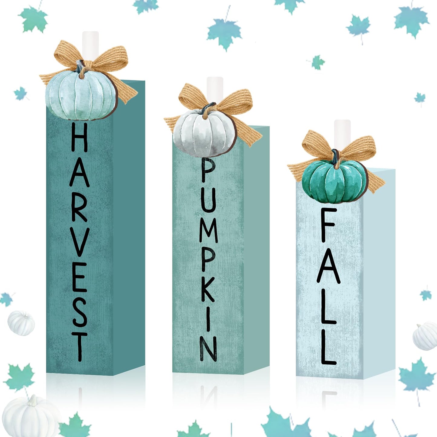 3 Pcs Blue Fall Decorations for Home, Blue Pumpkin Tiered Tray Decor Farmhouse Fall Thanksgiving Wooden Table Decor Autumn Harvest Tabletop Centerpieces for Home Kitchen Indoor Mantel