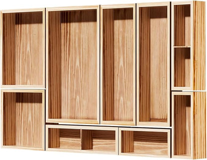 9-Pack Solid Wood Drawer Organizer, Modular Junk Drawer Organizer with Non-Slip Pad, Multi-Use Storage for Kitchen Office Bedroom Dresser for Utensil Stationery Makeup Stationery Tea & Coffee Pod