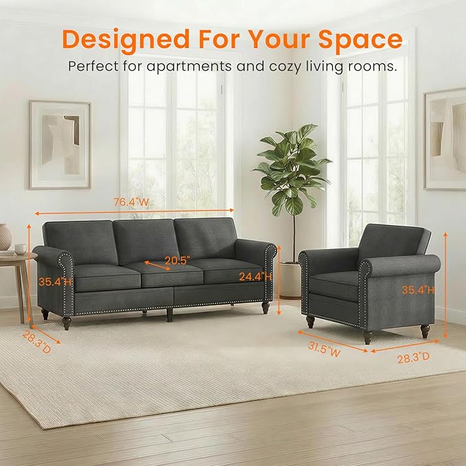 2 Piece Living Room Sofa Sets, Modern 3 Seater Sofa and Armchair Sets, Linen