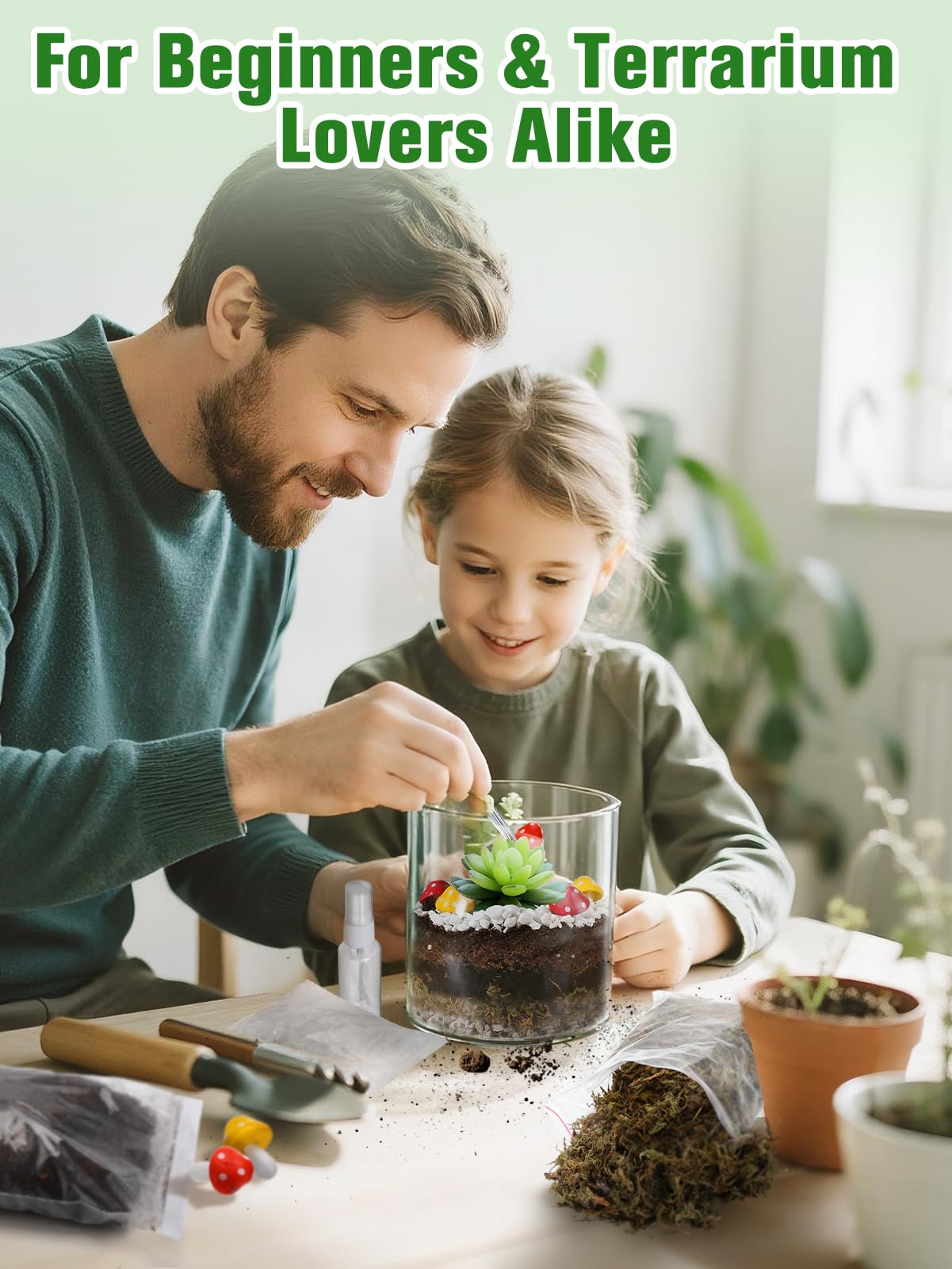 Terrarium Kit Adults - Includes Pumice, Moss, Soil, Pebbles, Charcoal, 2 Tools, Mushroom Ornaments for Succulent Cactus, Terrarium Accessories Decor Gifts for Starter Women