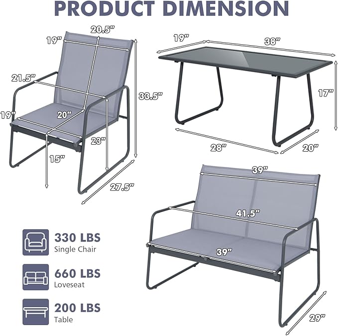 Tangkula 4 Pieces Patio Furniture Set, Outdoor Conversation Set