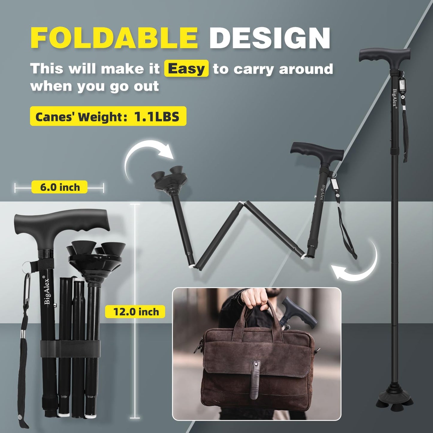 BigAlex Folding Walking Cane for Elderly Adjustable & Portable Walking Stick for Seniors,Pivoting Quad Base,Lightweight,Collapsible with Carrying Bag for Men/Woman